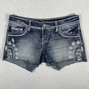 Maurices Jean Shorts Women 1/2 Blue Cutoff Distressed Contrast Embroidered Doily